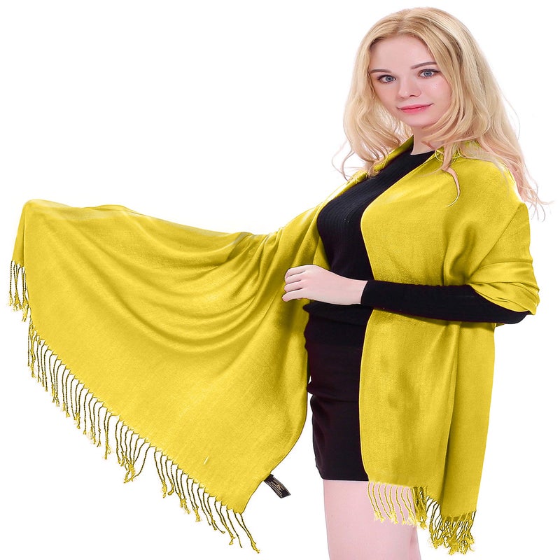CJ Apparel Yellow Solid Color Tassels Design Nepalese Shawl Scarf Wrap Stole Throw Head Wrap Pashmina Gift Hand Made in Nepal New - Image 1